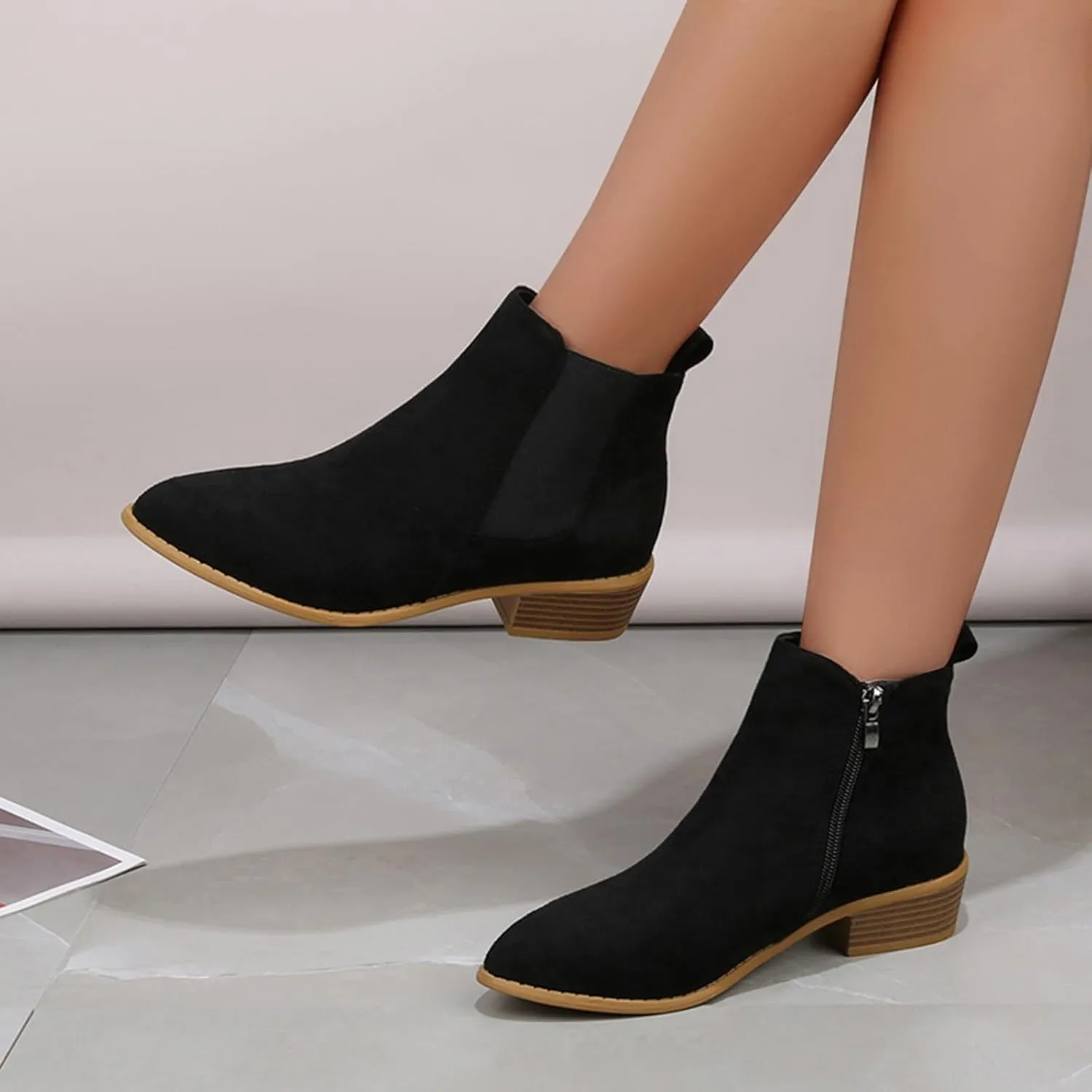 Ankle Boots for Women, Fashion Pointed Toe Chunky Block Heels Faux Stacked Low Heel Dressy Side Zipper Booties Shoes