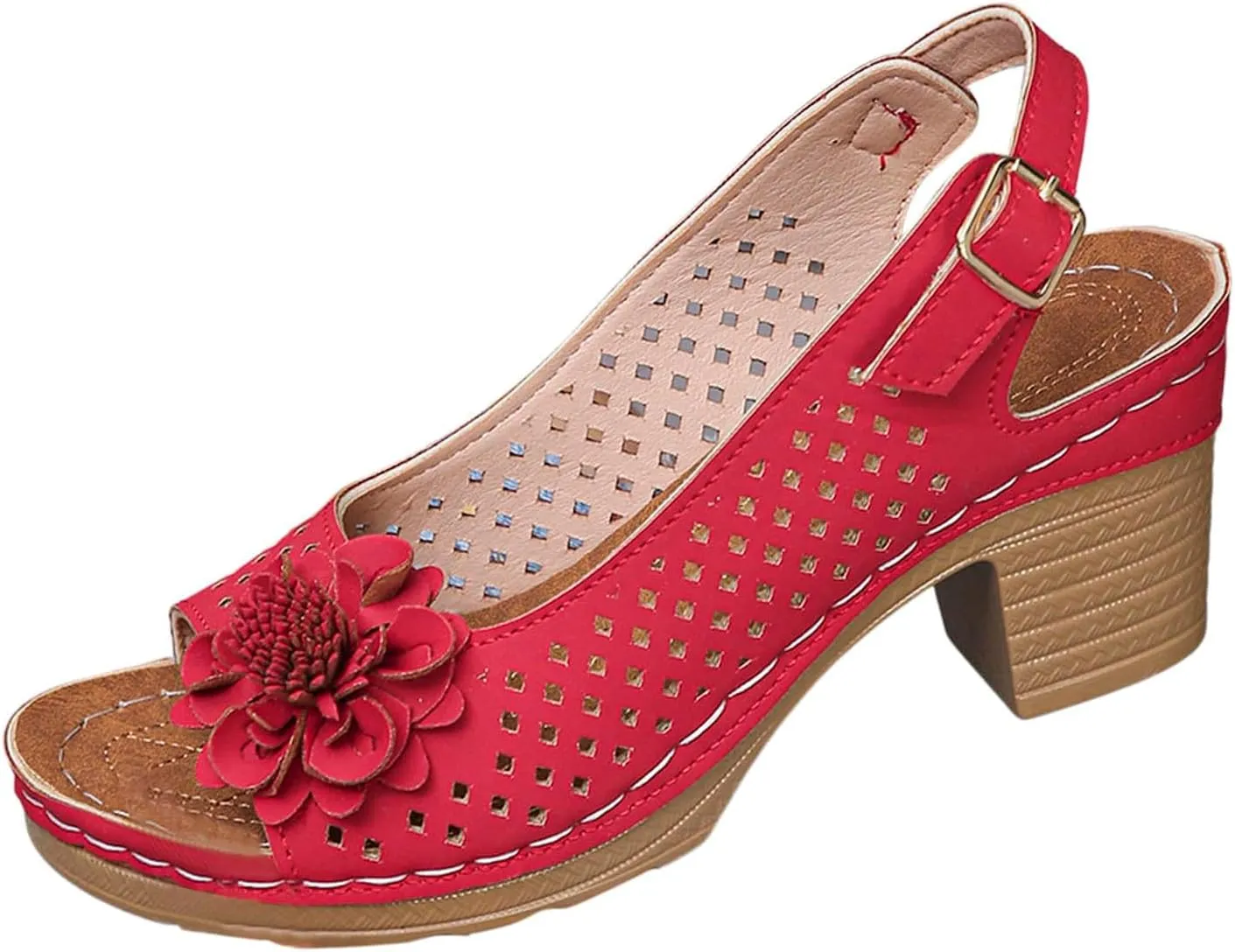 Block Heel Sandals for Women Comfortable Hollow Out Flowers Fish Mouth Slingback Sandals Summer Casual Slip on Dressy Shoes