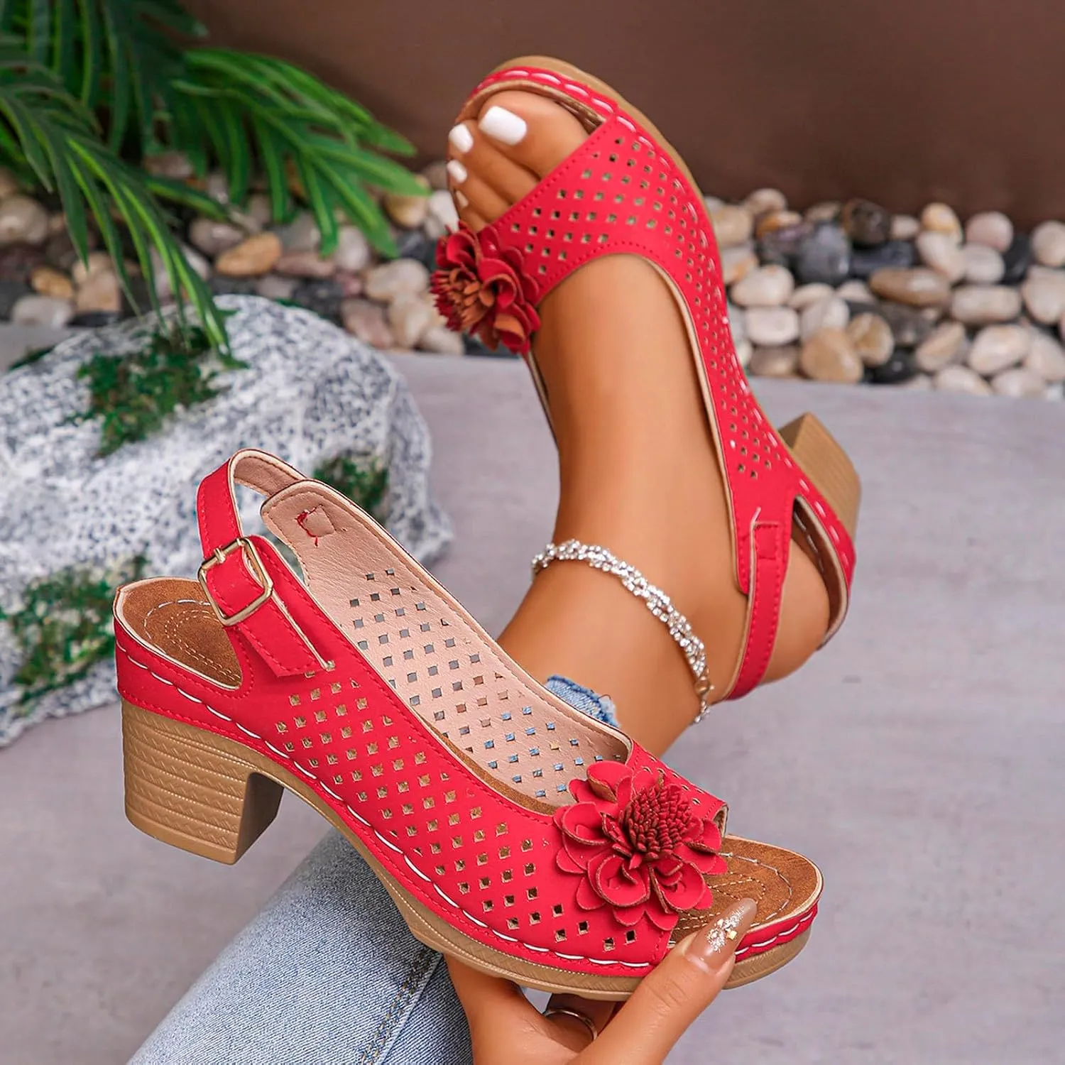 Block Heel Sandals for Women Comfortable Hollow Out Flowers Fish Mouth Slingback Sandals Summer Casual Slip on Dressy Shoes