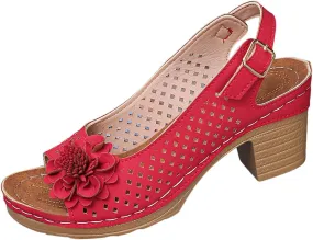 Block Heel Sandals for Women Comfortable Hollow Out Flowers Fish Mouth Slingback Sandals Summer Casual Slip on Dressy Shoes