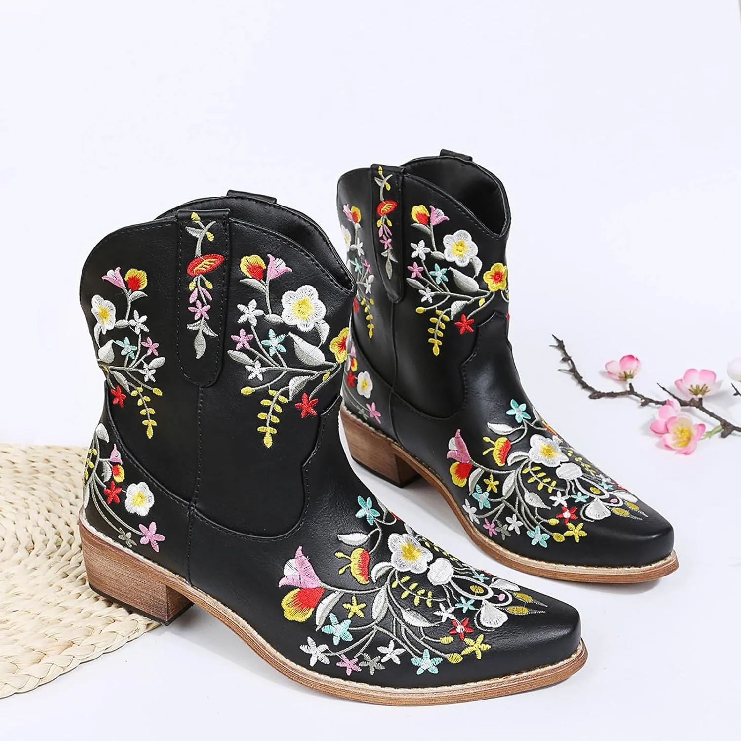Cathalem Cowboy Boots for Women Flower Embroidered Cowgirl Boots Square Toe Western Boots Fall Boots Chunky Heel Short Boots