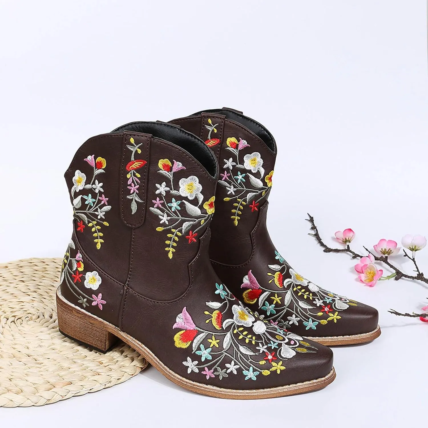 Cathalem Cowgirl Boots for Women Flower Embroidered Ankle Cowboy Boots Square Toe Boots Chunky Heel Short Western Boots