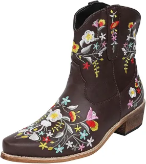 Cathalem Cowgirl Boots for Women Flower Embroidered Ankle Cowboy Boots Square Toe Boots Chunky Heel Short Western Boots