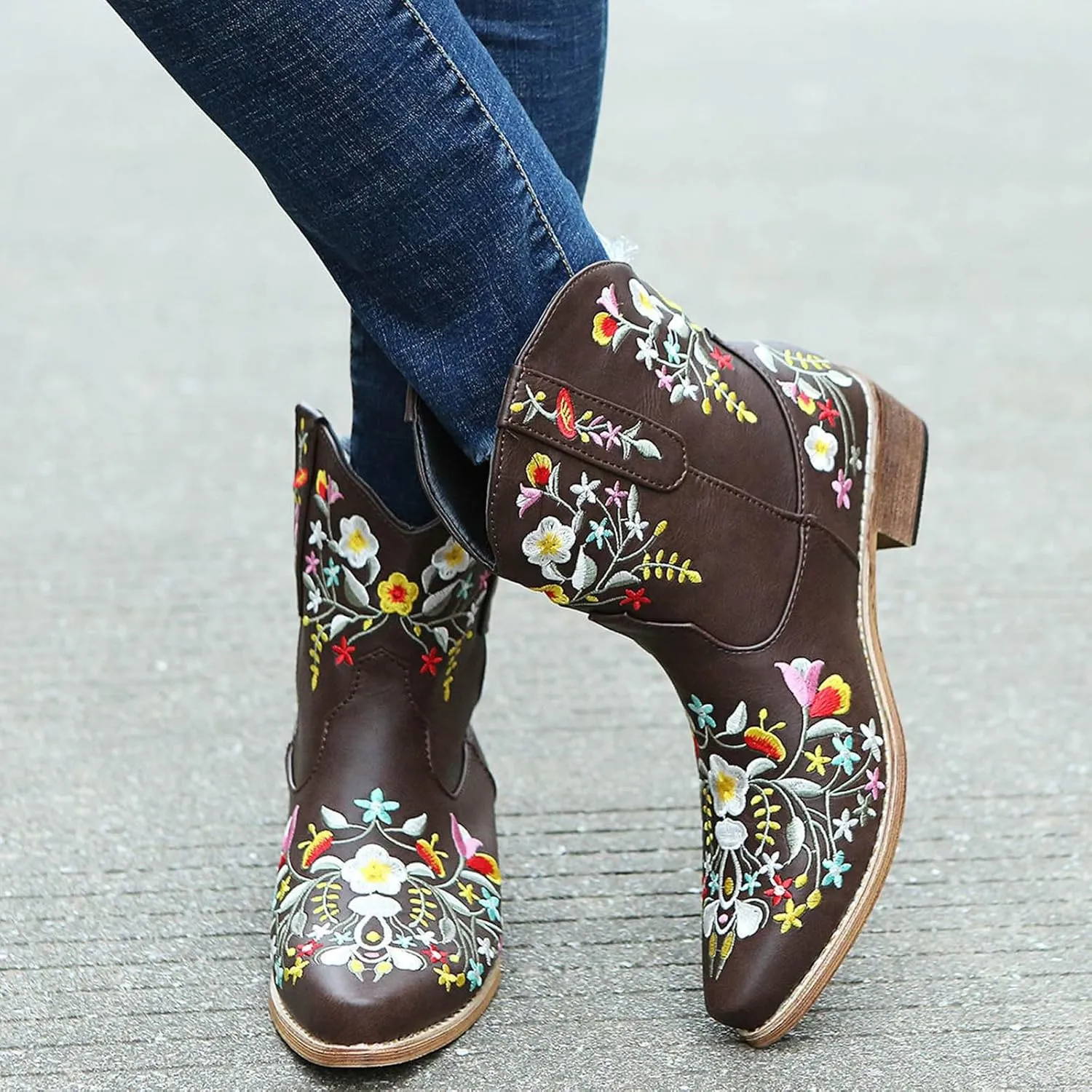 Cathalem Cowgirl Boots for Women Flower Embroidered Ankle Cowboy Boots Square Toe Boots Chunky Heel Short Western Boots