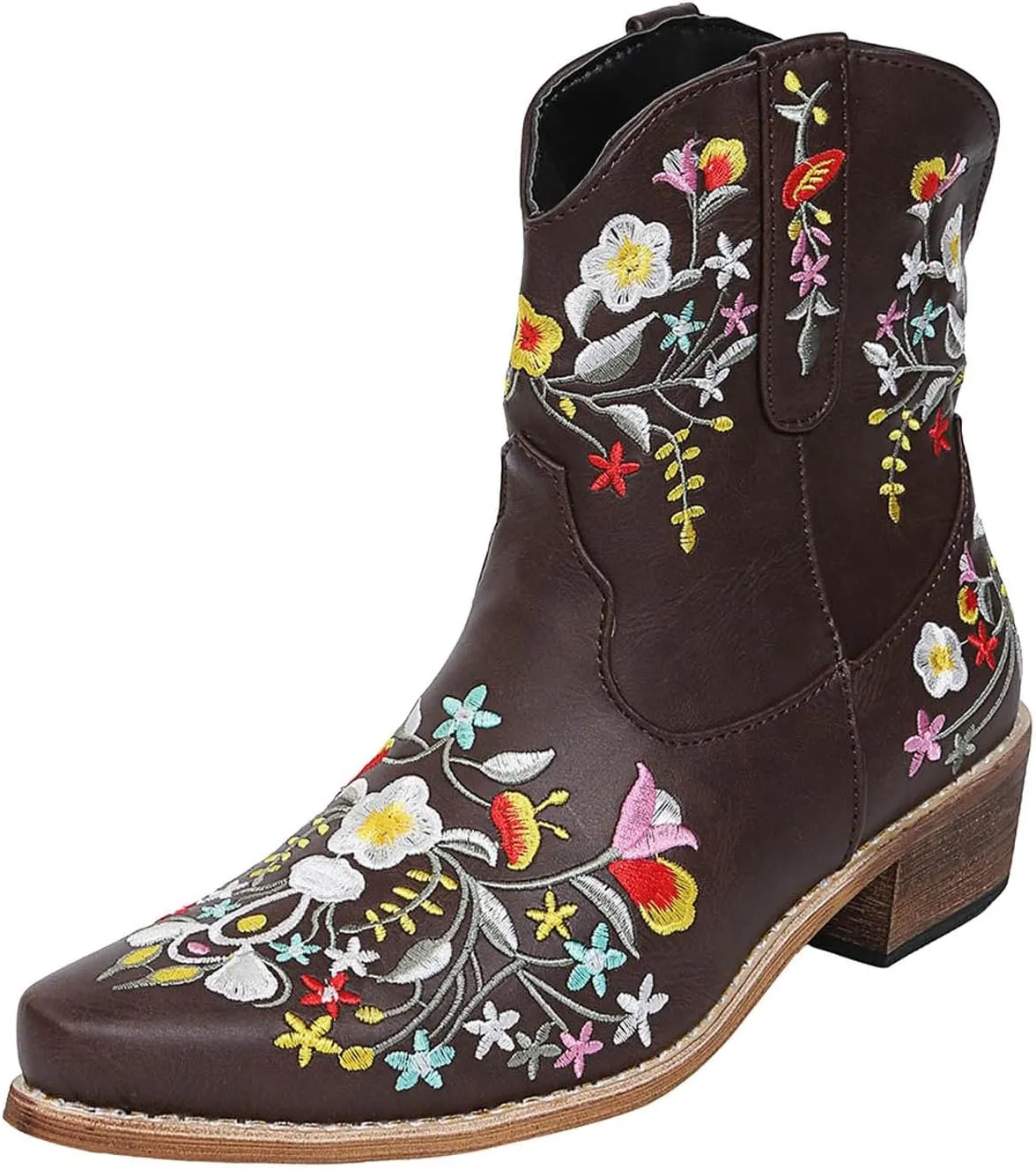Cathalem Cowgirl Boots for Women Flower Embroidered Ankle Cowboy Boots Square Toe Boots Chunky Heel Short Western Boots