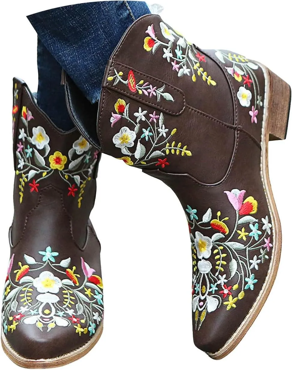 Cathalem Cowgirl Boots for Women Flower Embroidered Ankle Cowboy Boots Square Toe Boots Chunky Heel Short Western Boots