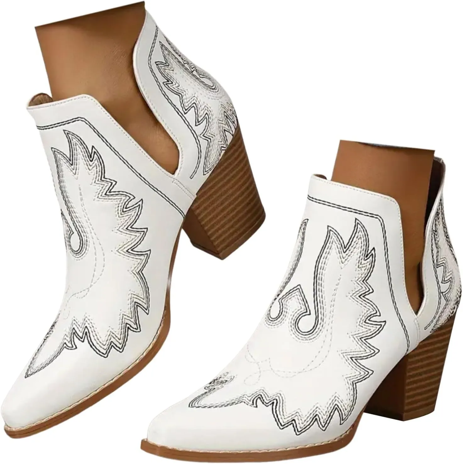 Cowboy Boots for Women Cowgirl Ankle Western Embroidered Stitched Pointed Toe Cutout Chunky Heels Short Booties