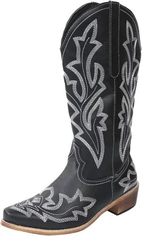 Cowboy Boots for Women Knee High Cowgirl Boots With Classic Embroidered Slip On Pointed Toe Chunky Heel Pull On