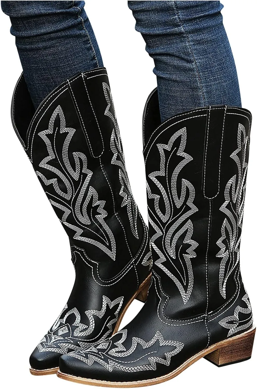 Cowboy Boots for Women Knee High Cowgirl Boots With Classic Embroidered Slip On Pointed Toe Chunky Heel Pull On