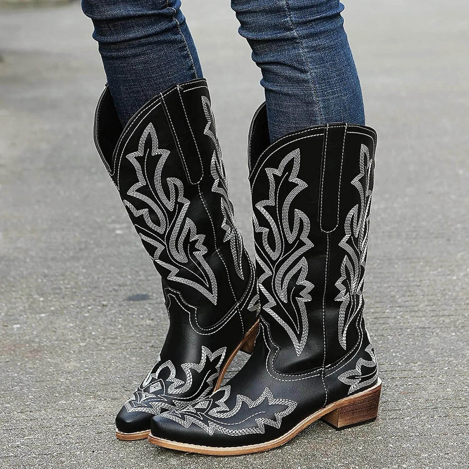 Cowboy Boots for Women Knee High Cowgirl Boots With Classic Embroidered Slip On Pointed Toe Chunky Heel Pull On