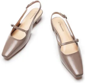 C.Paravano Women's Slingback Sandals Small Square Toe Slingbacks Flats Closed Block Heels Adjustable Strap Slip on Slingbacks(Grey,Size 10)