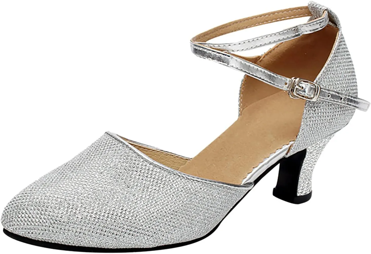 Dancing Dance Social Latin Shoes Ballroom Shoes Sequins Women's Tango Shoe Women's Middle Heels Strap Sandal Heel (Silver, 6)