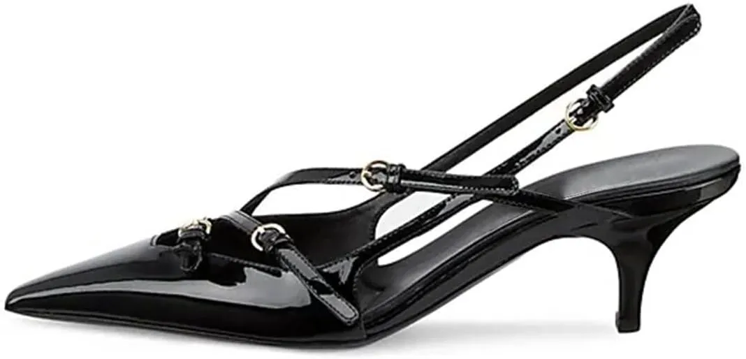 Divanne Slingback Heels for Women, Pointed Toe Kitten Heels Pumps Multi-Buckle Sling Back Shoes Low Heel Sandals Evening Party Wedding Shoes