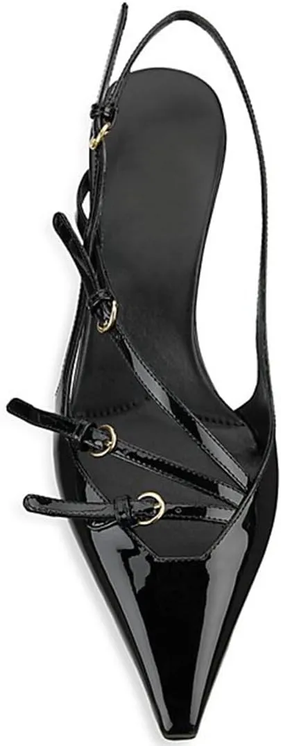Divanne Slingback Heels for Women, Pointed Toe Kitten Heels Pumps Multi-Buckle Sling Back Shoes Low Heel Sandals Evening Party Wedding Shoes