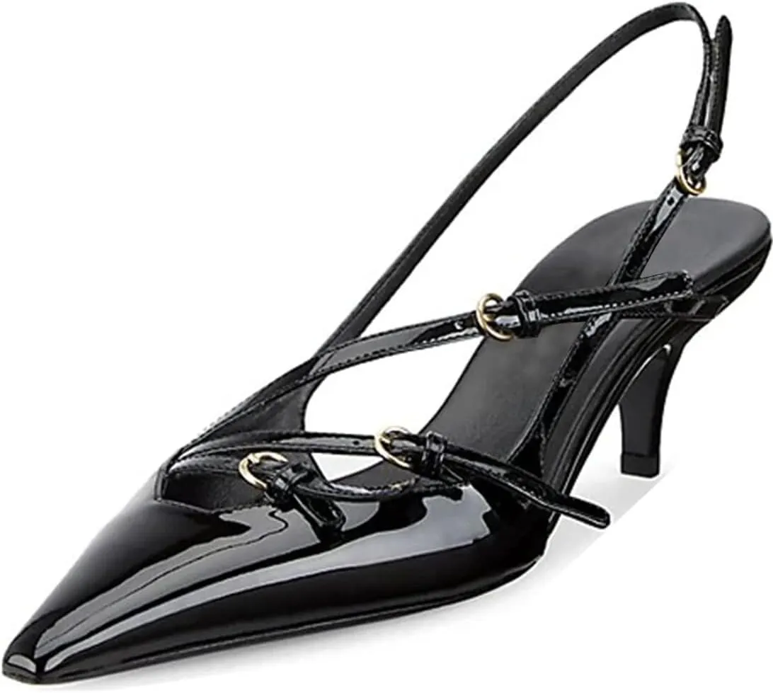 Divanne Slingback Heels for Women, Pointed Toe Kitten Heels Pumps Multi-Buckle Sling Back Shoes Low Heel Sandals Evening Party Wedding Shoes