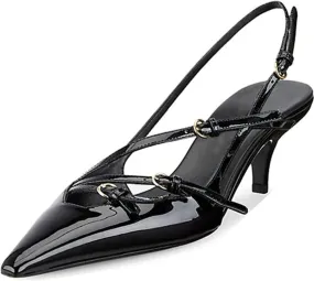 Divanne Slingback Heels for Women, Pointed Toe Kitten Heels Pumps Multi-Buckle Sling Back Shoes Low Heel Sandals Evening Party Wedding Shoes