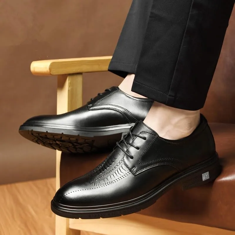 Invisible Height Shoes for Men Men Breathable Dress Shoes Oxford Lace-up Round Toe Men's Prom Wedding Leather New Shoes Non Slip Anti-Slip Low Top Block Heel Business