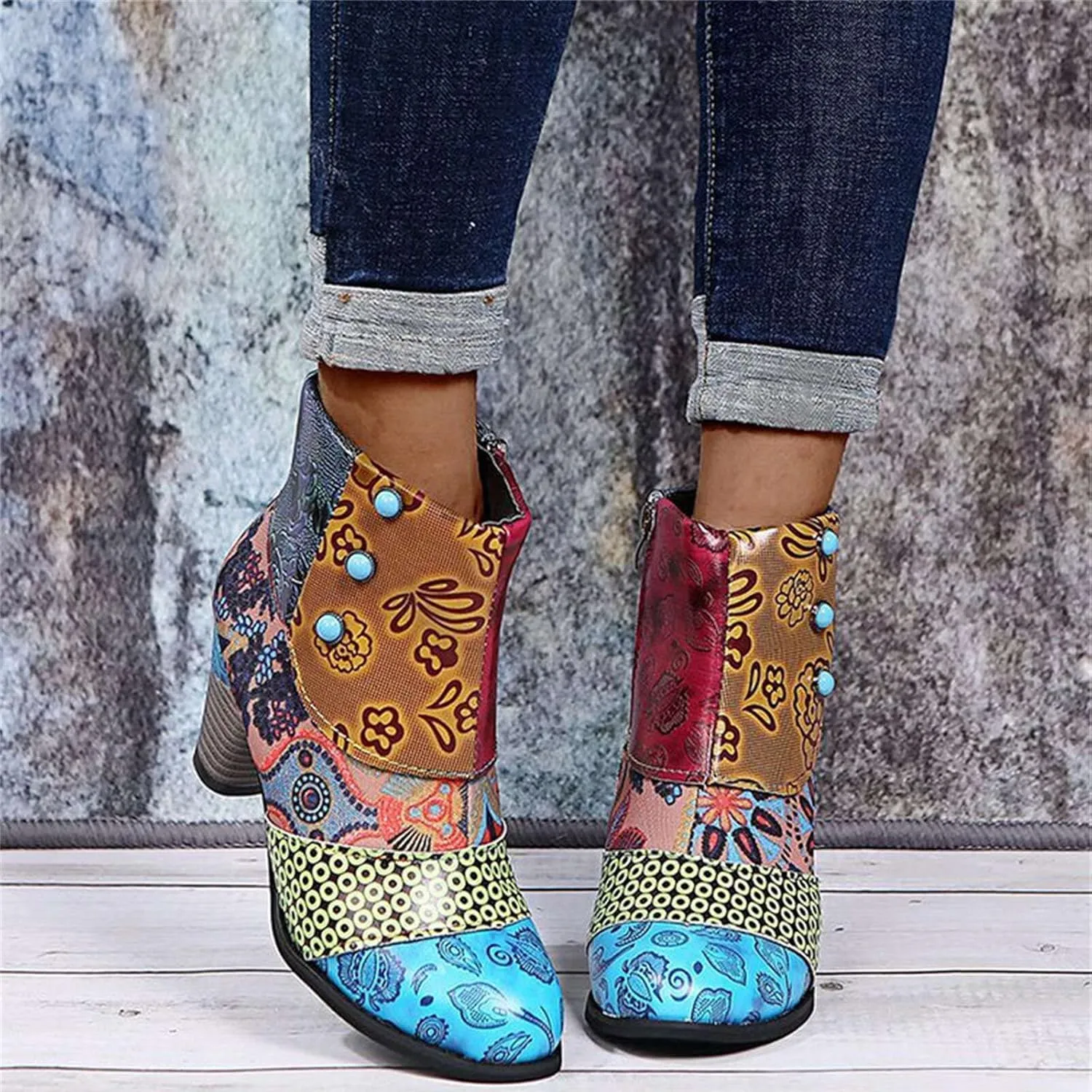 Lausiuoe Ankle Boots For Women Dressy Chunky Heel Vintage Cowgirl Boots Retro Short Wide Width Zipper Western Booties