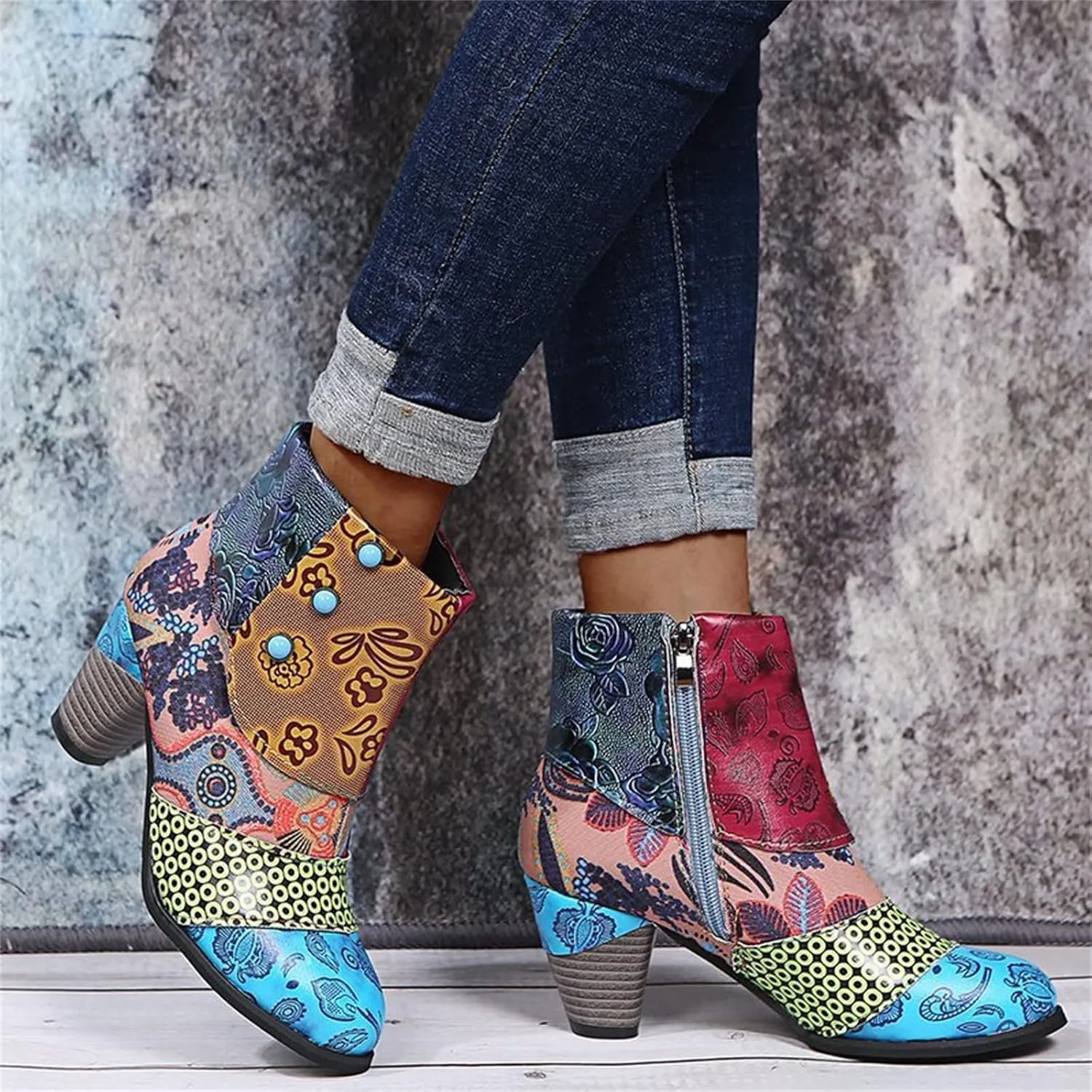 Lausiuoe Ankle Boots For Women Dressy Chunky Heel Vintage Cowgirl Boots Retro Short Wide Width Zipper Western Booties
