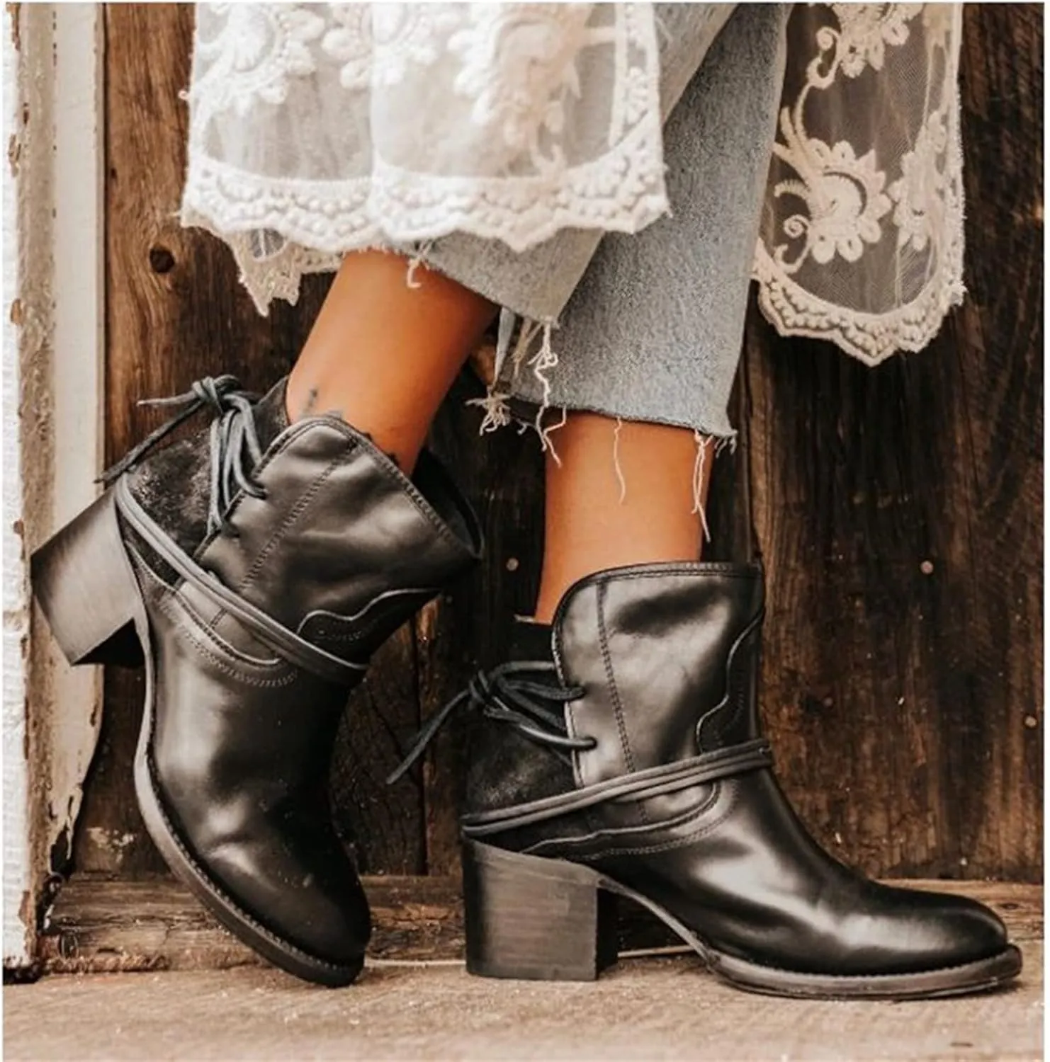 Lausiuoe Booties For Women Low Heel Comfortable Ankle Boots Slip on Chunky Stacked Wide Width Dressy Western Short Boots
