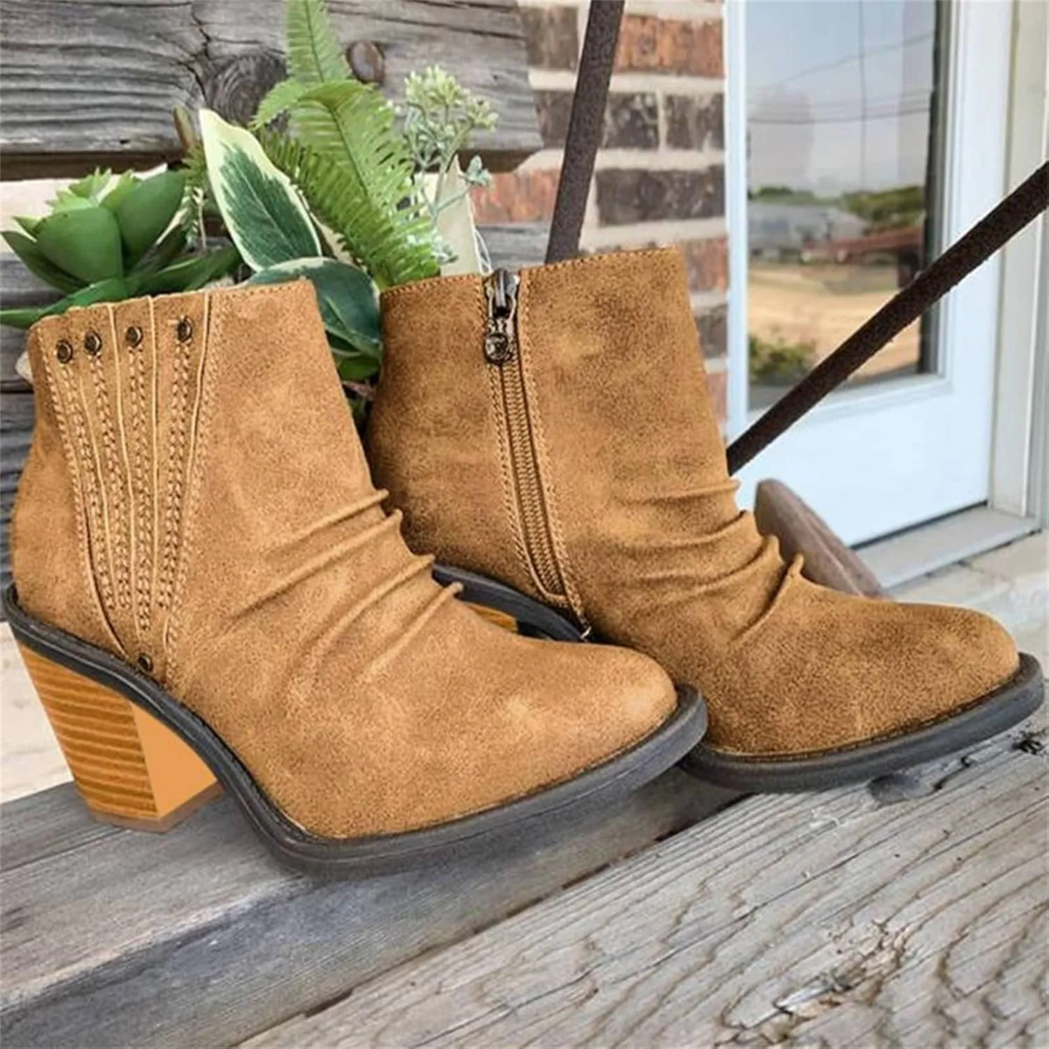 Lausiuoe Booties For Women Low Heel Comfortable Fashion Ankle Boots Chunky Stacked Wide Width Short Boots Western Shoes