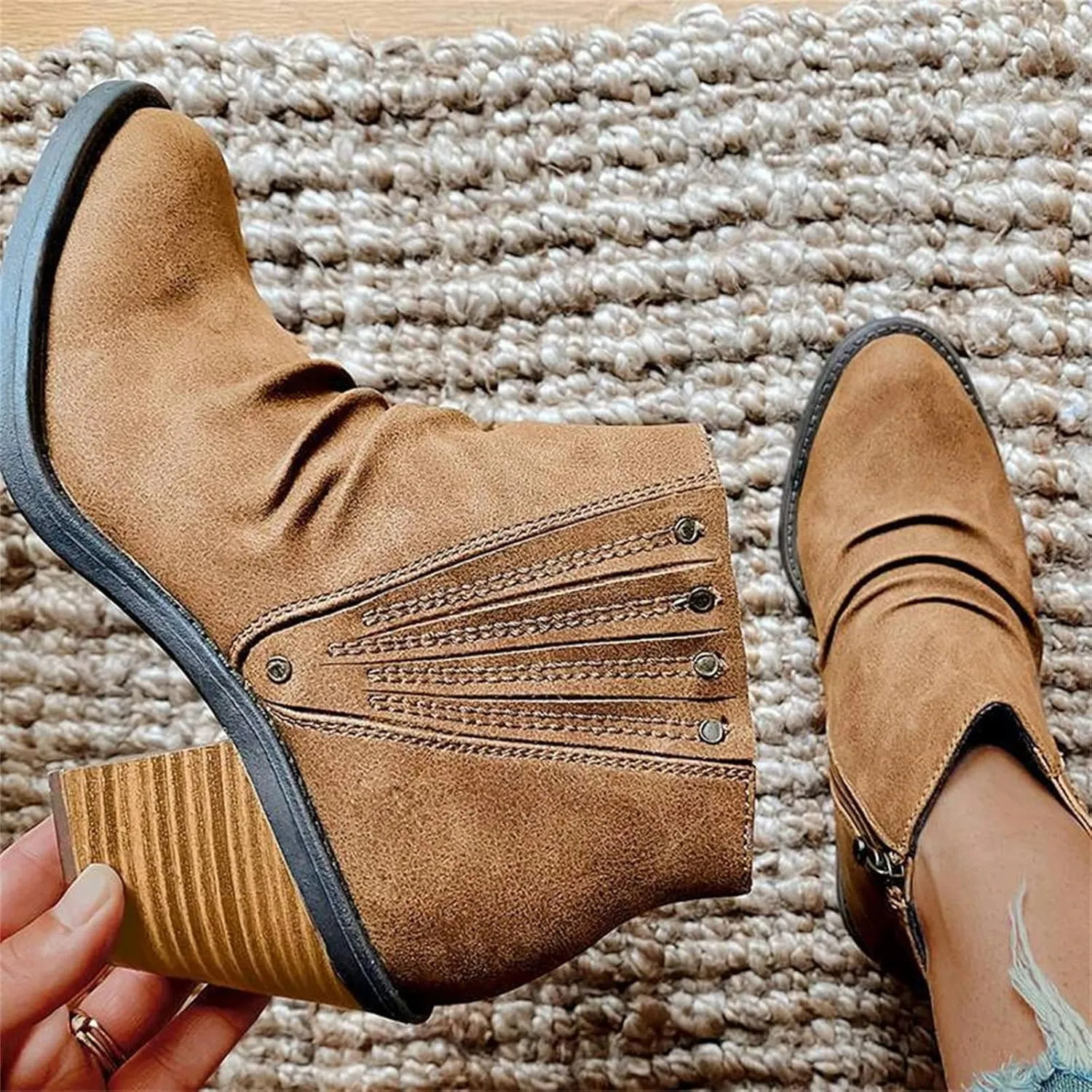 Lausiuoe Booties For Women Low Heel Comfortable Fashion Ankle Boots Chunky Stacked Wide Width Short Boots Western Shoes