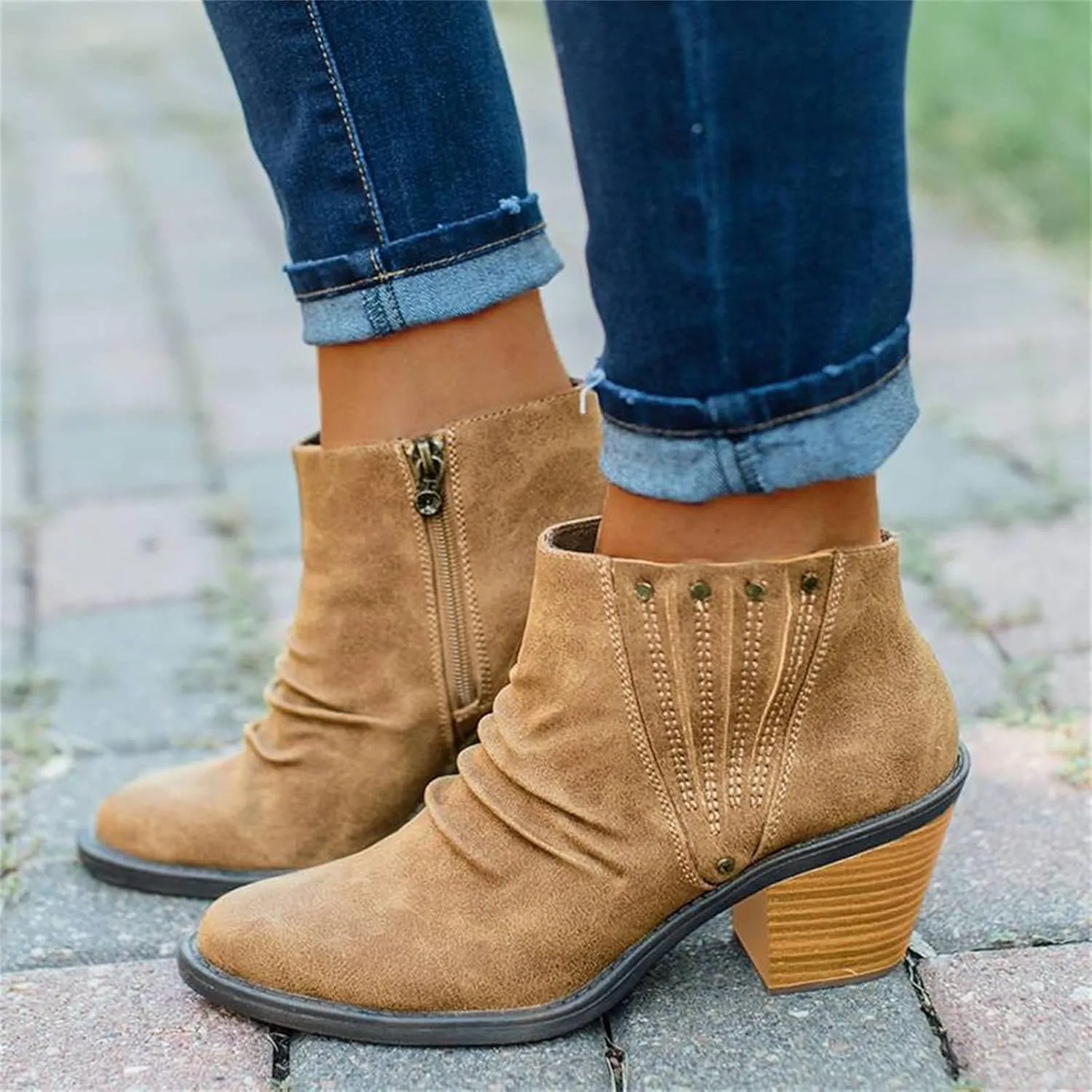 Lausiuoe Booties For Women Low Heel Comfortable Fashion Ankle Boots Chunky Stacked Wide Width Short Boots Western Shoes