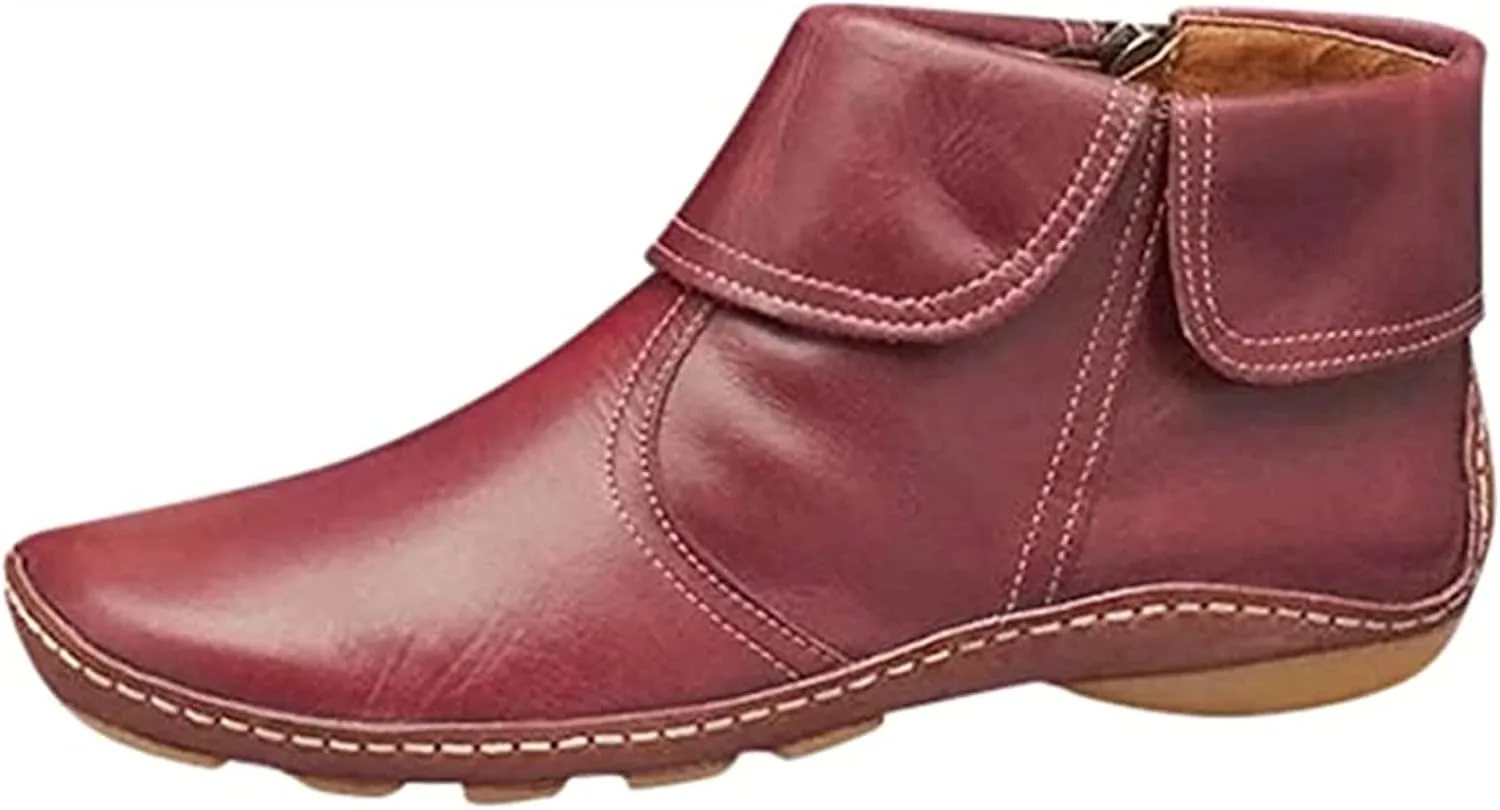 Lausiuoe Boots For Women Ankle Booties No Heel Short Boots Side Zipper Shoes Casual Dressy Fashion Flat Western Booties