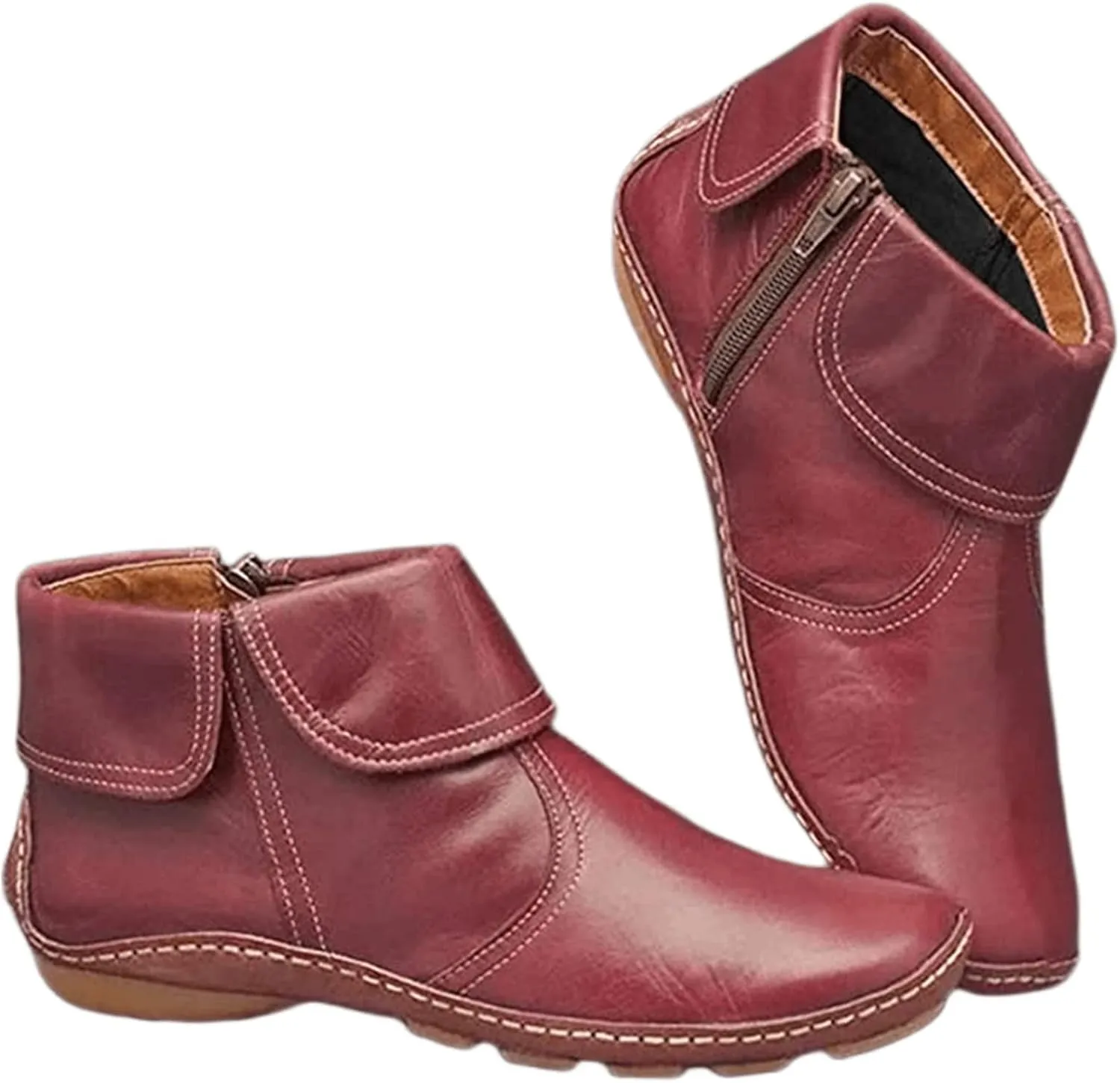 Lausiuoe Boots For Women Ankle Booties No Heel Short Boots Side Zipper Shoes Casual Dressy Fashion Flat Western Booties