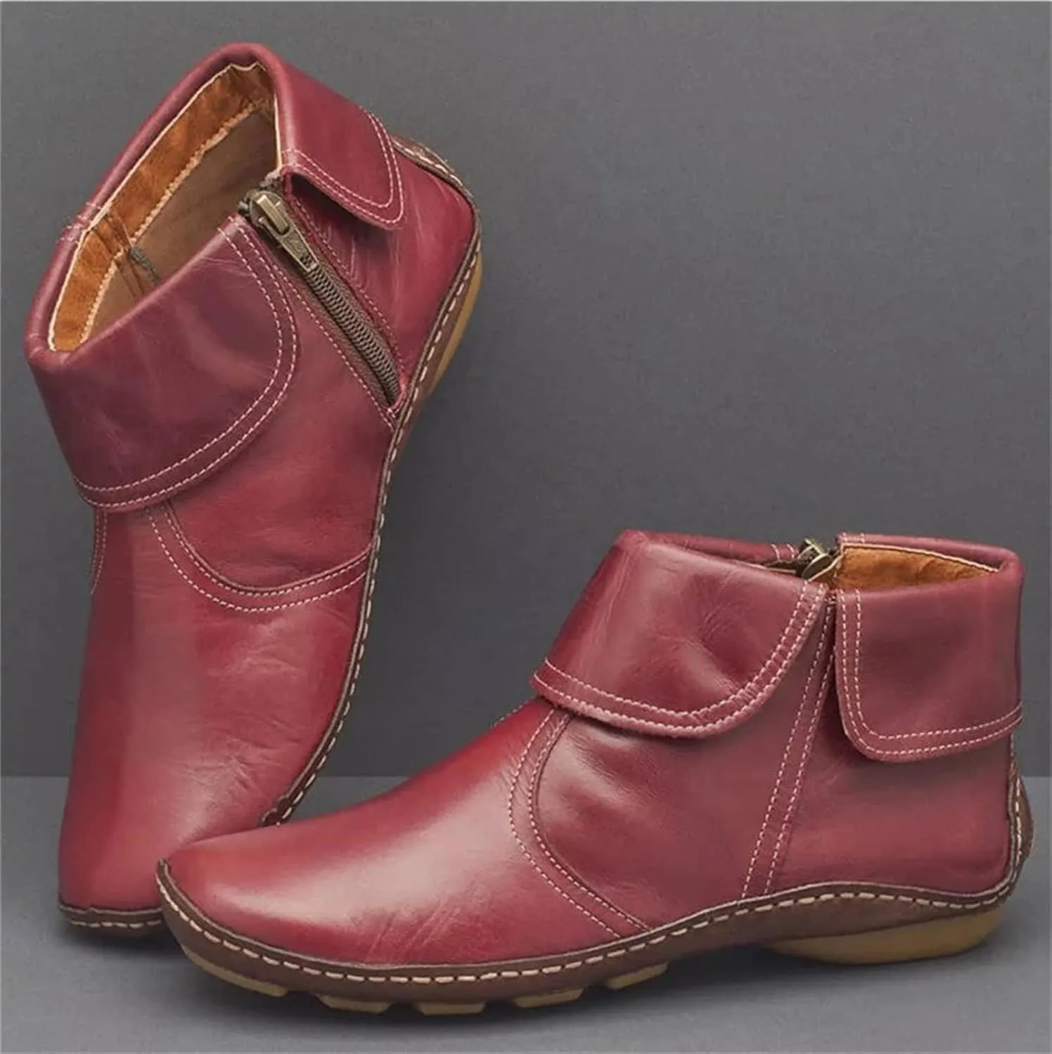 Lausiuoe Boots For Women Ankle Booties No Heel Short Boots Side Zipper Shoes Casual Dressy Fashion Flat Western Booties