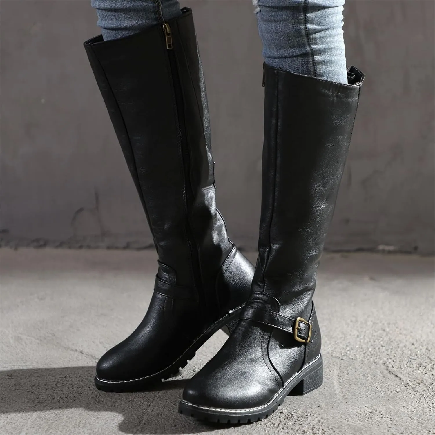 Lausiuoe Boots For Women Knee High Wide Width Cowboy Cowgirl Western Boots Low Heel Wide Calf Fashion Boot Pull-On