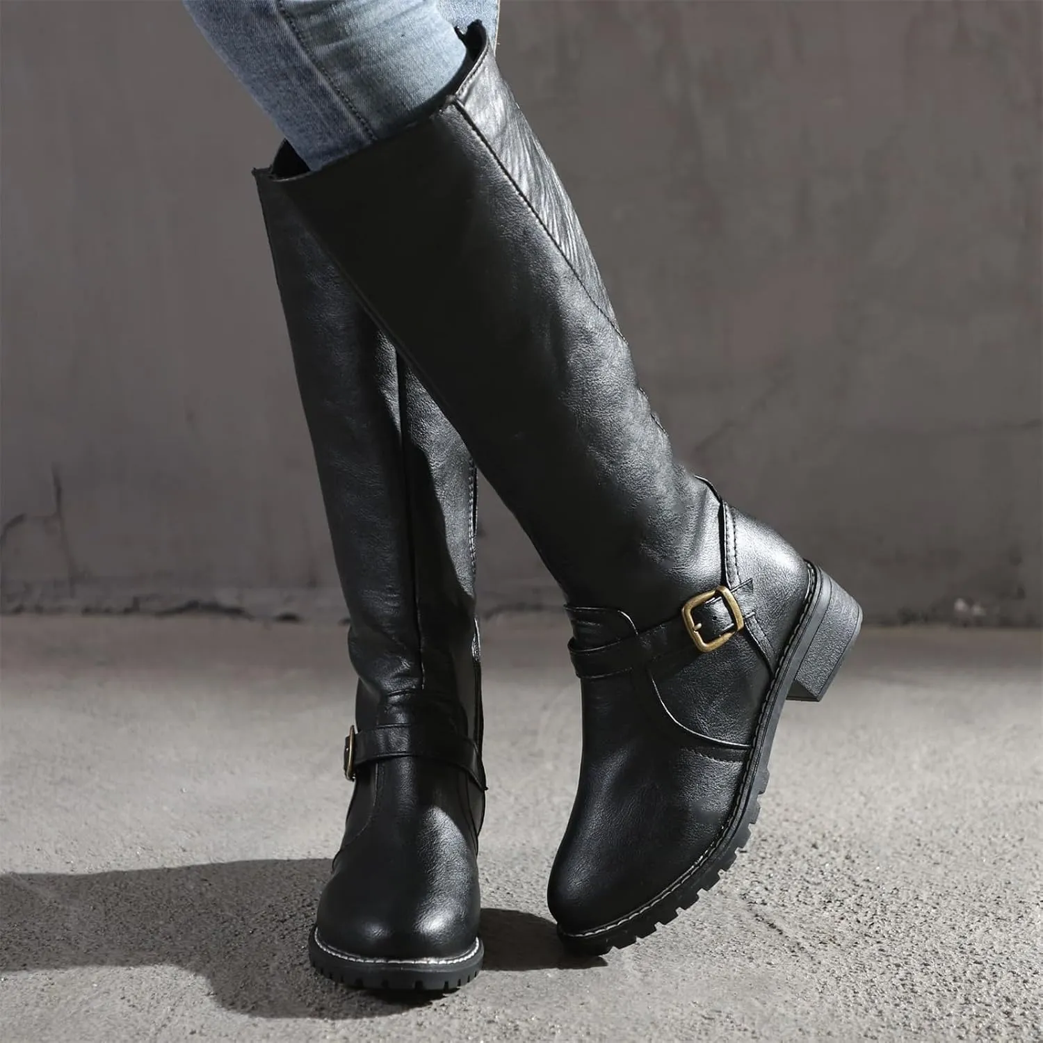 Lausiuoe Boots For Women Knee High Wide Width Cowboy Cowgirl Western Boots Low Heel Wide Calf Fashion Boot Pull-On