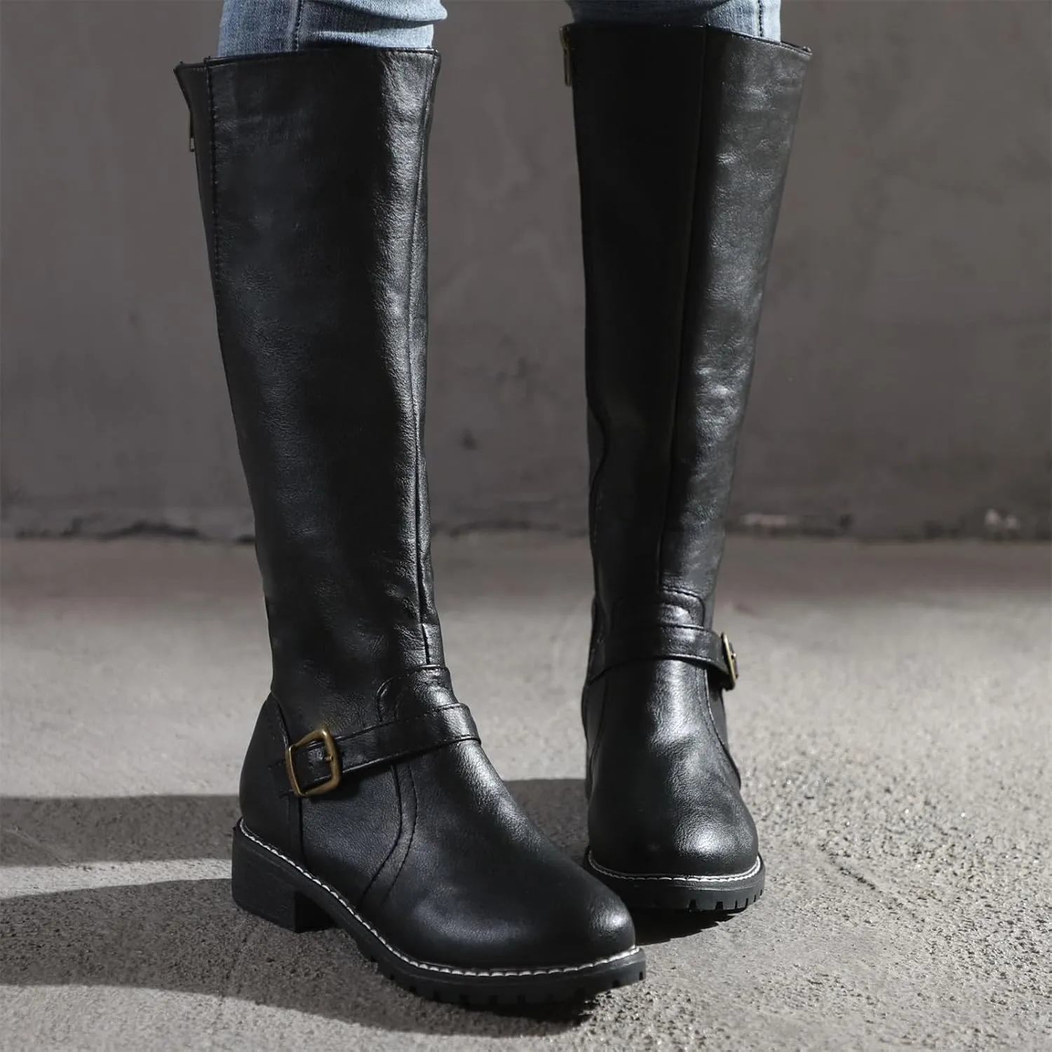 Lausiuoe Boots For Women Knee High Wide Width Cowboy Cowgirl Western Boots Low Heel Wide Calf Fashion Boot Pull-On