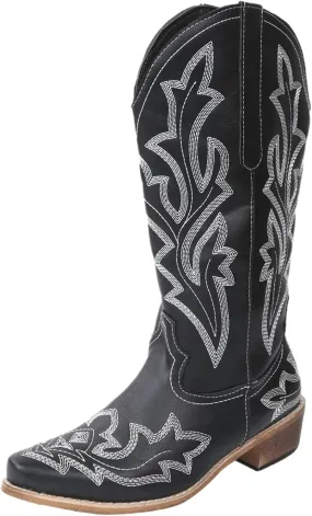Lausiuoe Cowboy Boots For Women Leather Embroidered Cowgirl Knee High Western Wide Calf Fashion Classic Chunky Booties