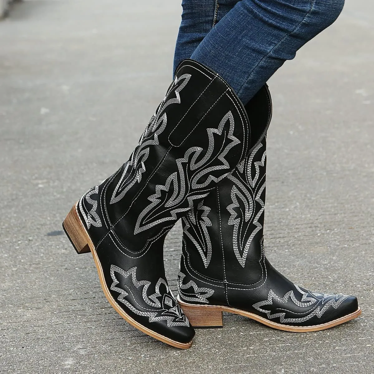 Lausiuoe Cowboy Boots For Women Leather Embroidered Cowgirl Knee High Western Wide Calf Fashion Classic Chunky Booties