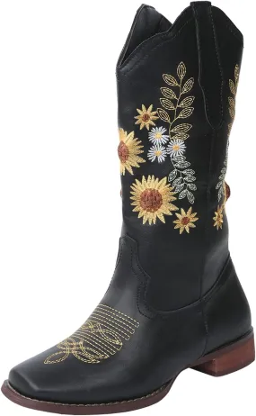 Lausiuoe Cowboy Boots For Women Wide Calf Wide Foot Embroidered Western Knee High Chunky Heel Cowgirl Style Boot Pull-On