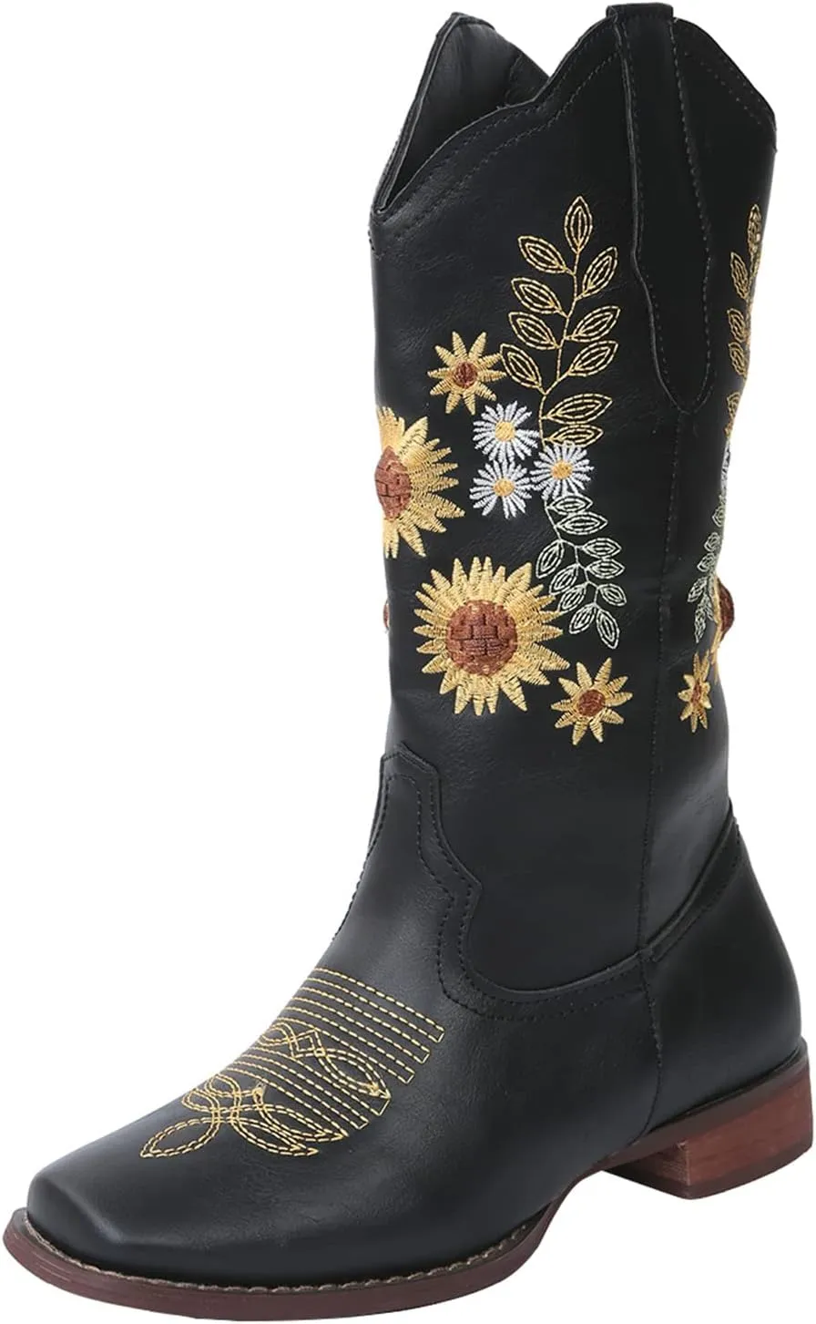 Lausiuoe Cowboy Boots For Women Wide Calf Wide Foot Embroidered Western Knee High Chunky Heel Cowgirl Style Boot Pull-On