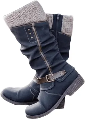 Lausiuoe Winter Boots For Women 2022 Trendy Mid Calf Side Zip Low Heel Western Platform Hiking Booties Warm Non Slip Outdoor Shoe