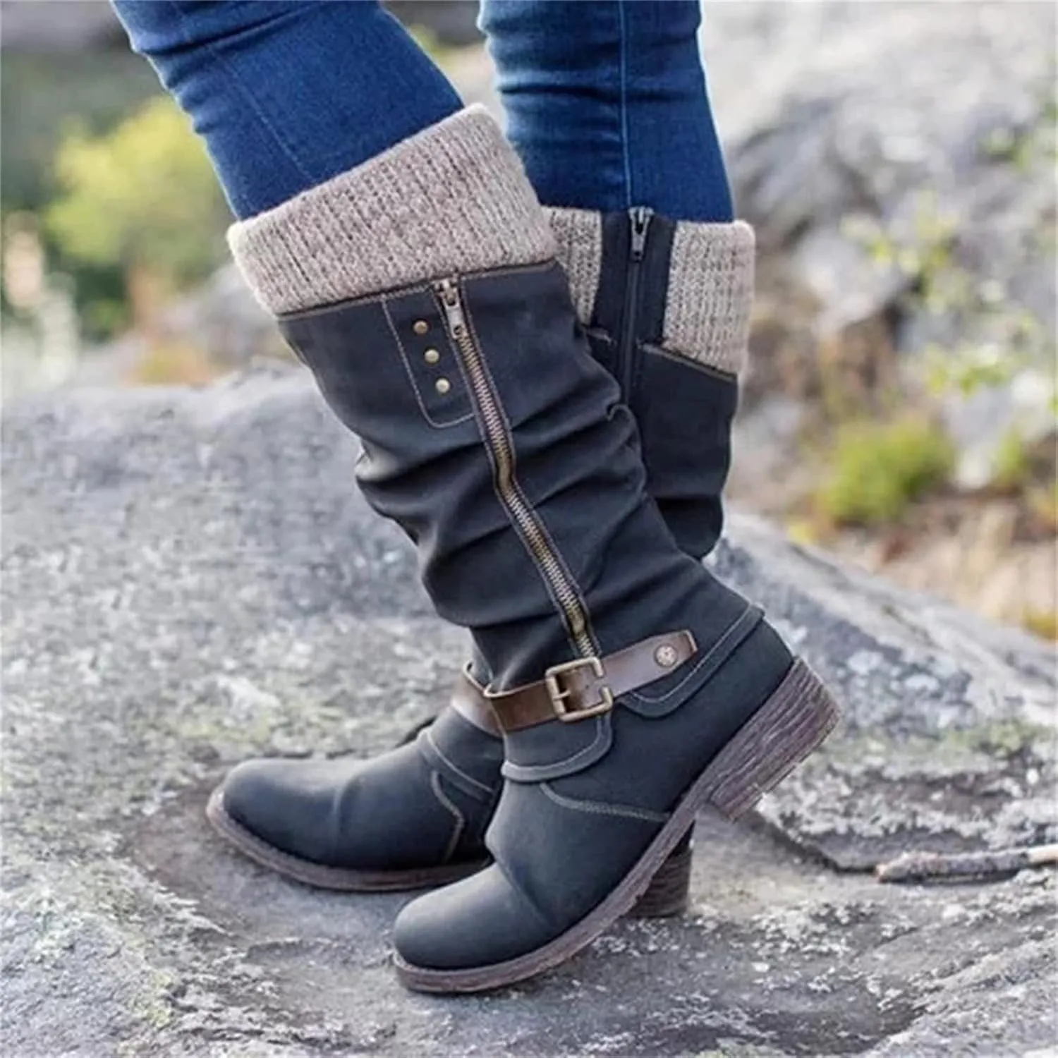 Lausiuoe Winter Boots For Women 2022 Trendy Mid Calf Side Zip Low Heel Western Platform Hiking Booties Warm Non Slip Outdoor Shoe