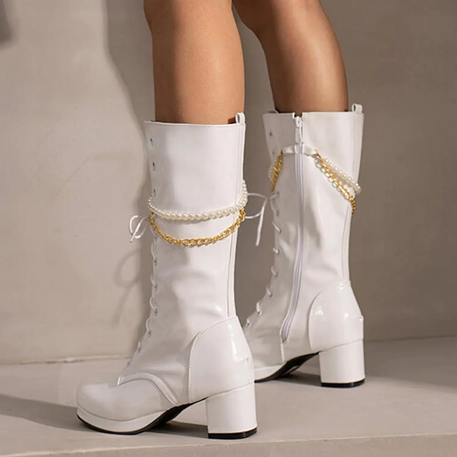 Mid Calf Boots For Women Lace-up Combat Boots Chunky Winter Boot Square Toe Waterproof Boots with Side Zipper