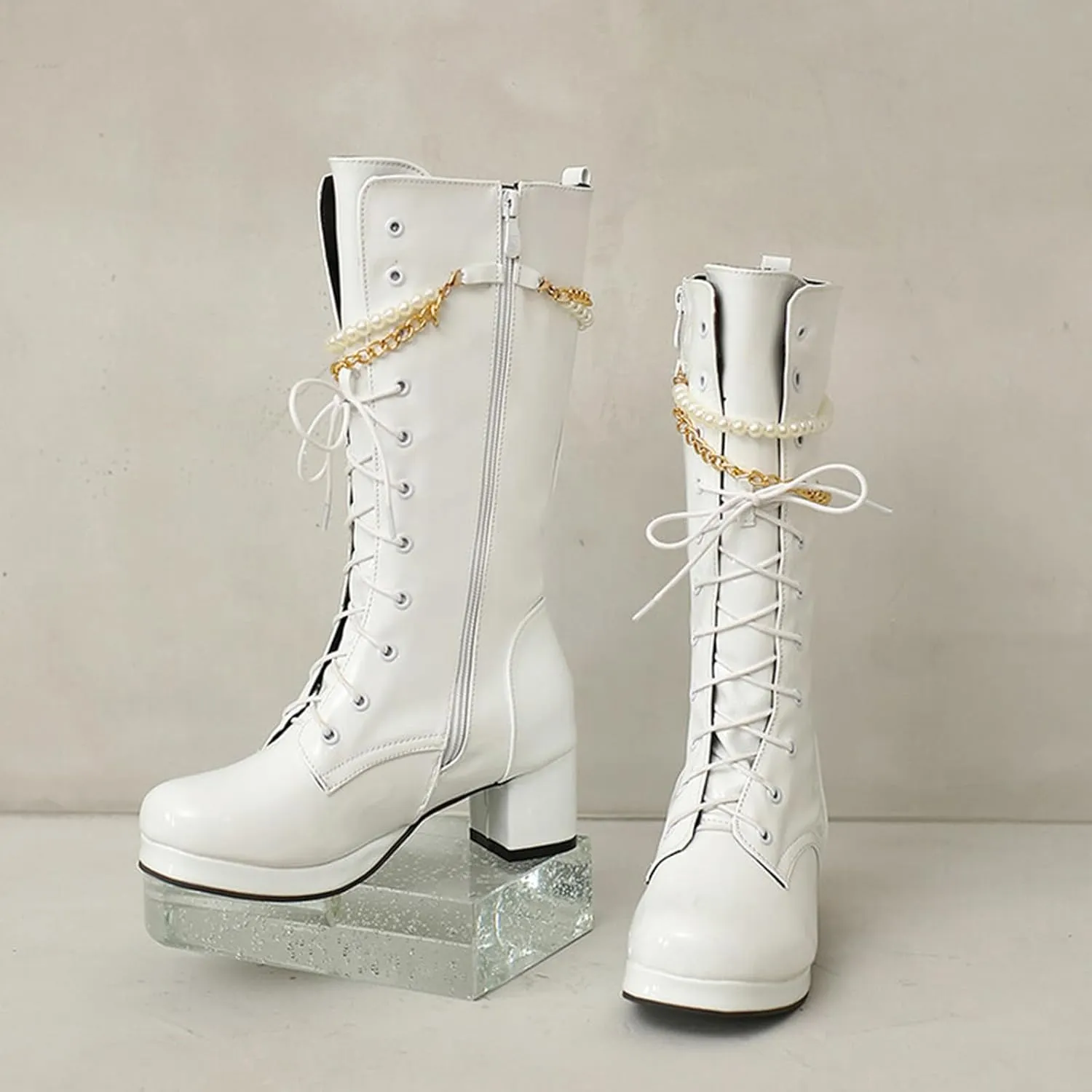 Mid Calf Boots For Women Lace-up Combat Boots Chunky Winter Boot Square Toe Waterproof Boots with Side Zipper