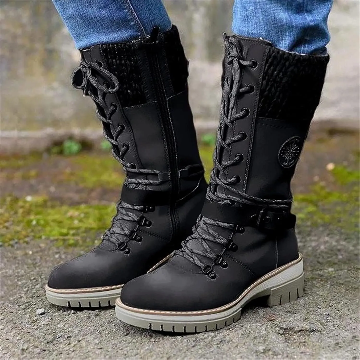 Motorcycle Boots Women Riding Mid Calf Dress Biker Boots Side Zipper Low Heel Combat Military Western Ankle Booties