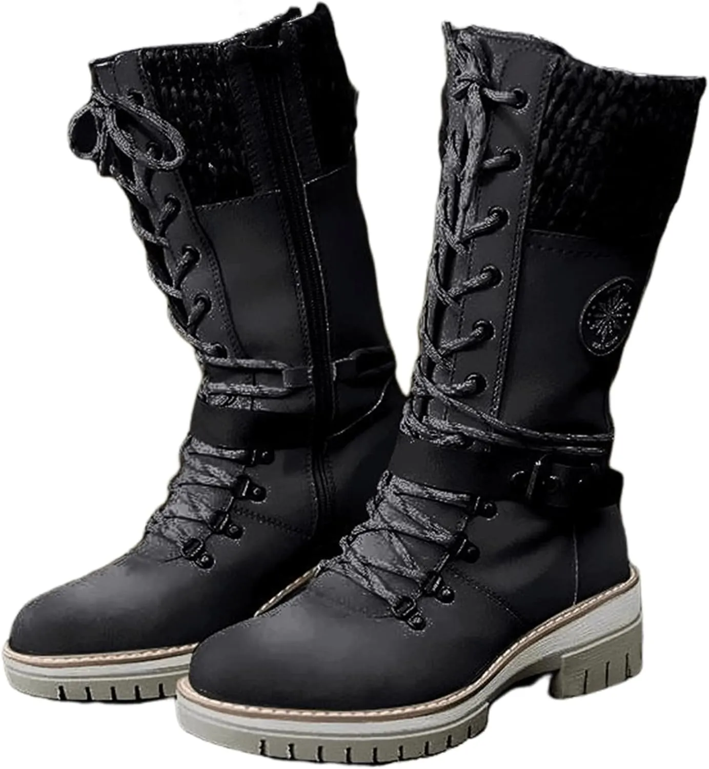 Motorcycle Boots Women Riding Mid Calf Dress Biker Boots Side Zipper Low Heel Combat Military Western Ankle Booties