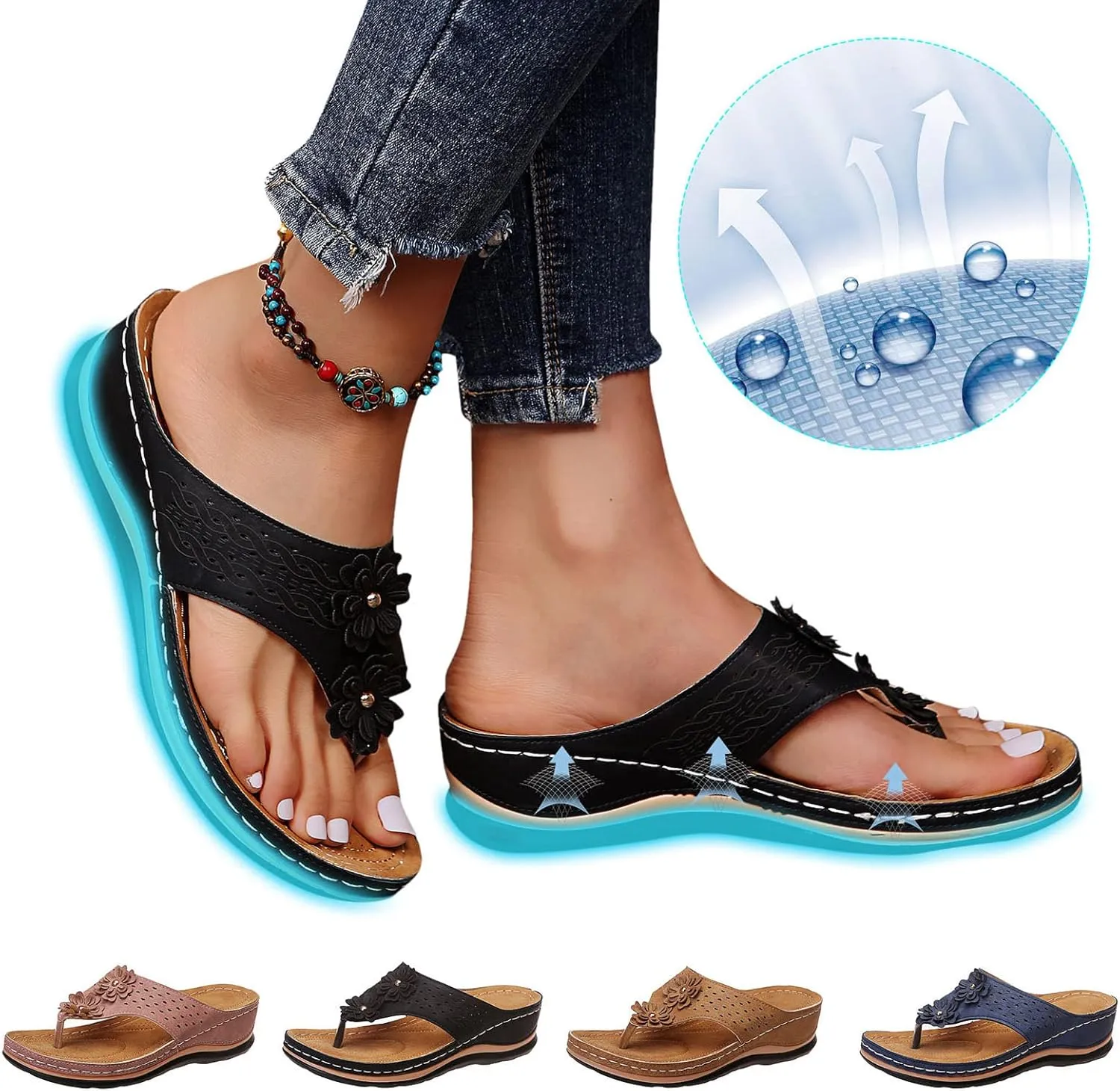 Orthopedic Sandals for Women Arch Support Flip Flops Sandals Walking Thong Sandals 3D Hollow Flower Wedge Shoes