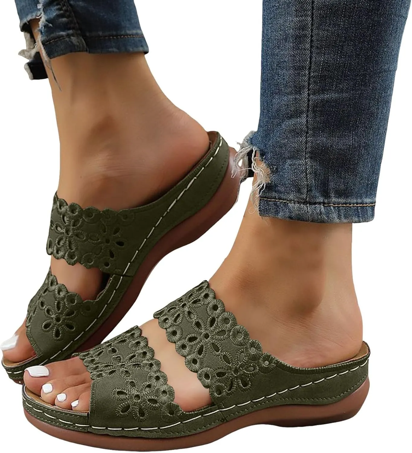 Orthopedic Wedges Sandals for Women with Arch Support,2025 Dressy Summer Comfortable Open Toe Two Strap Flower Orthotic Wedge Sandals Cushion Slip On Lightweight Beach Slip-On Slippers