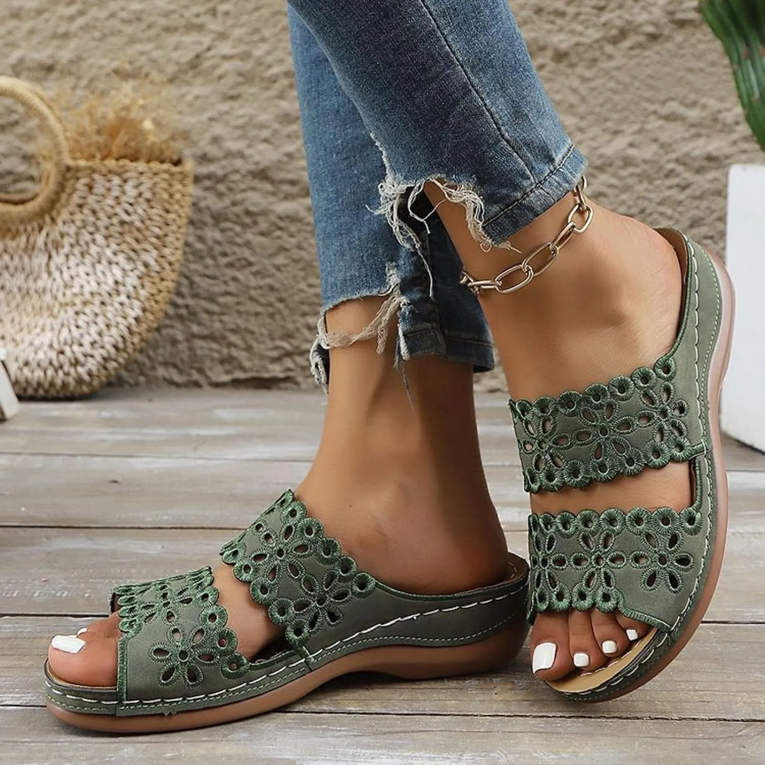 Orthopedic Wedges Sandals for Women with Arch Support,2025 Dressy Summer Comfortable Open Toe Two Strap Flower Orthotic Wedge Sandals Cushion Slip On Lightweight Beach Slip-On Slippers