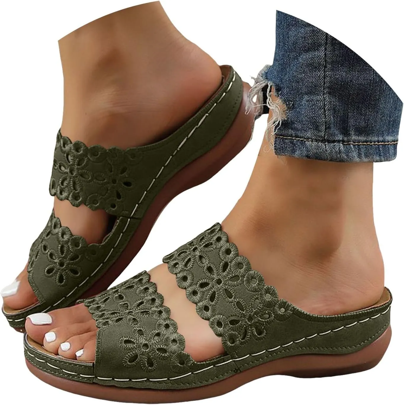Orthopedic Wedges Sandals for Women with Arch Support,2025 Dressy Summer Comfortable Open Toe Two Strap Flower Orthotic Wedge Sandals Cushion Slip On Lightweight Beach Slip-On Slippers