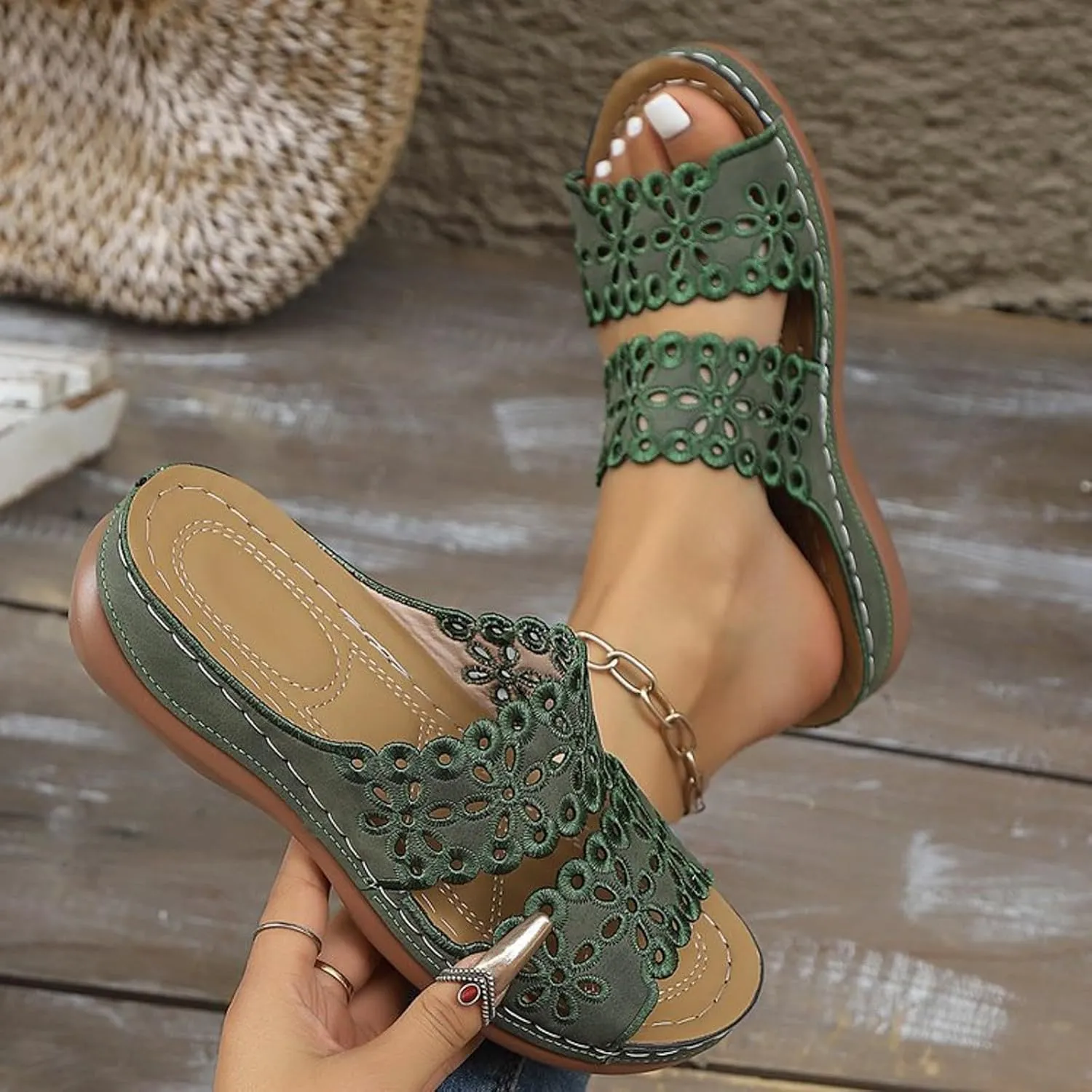 Orthopedic Wedges Sandals for Women with Arch Support,2025 Dressy Summer Comfortable Open Toe Two Strap Flower Orthotic Wedge Sandals Cushion Slip On Lightweight Beach Slip-On Slippers