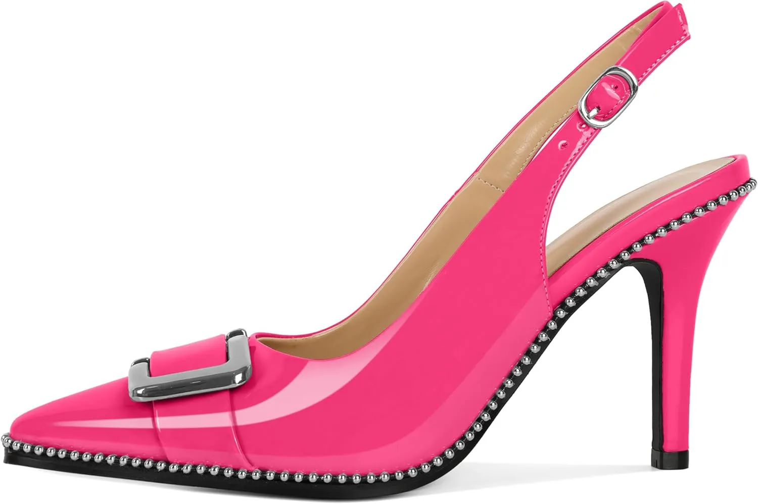 SAMMITOP Womens Slingback Stiletto High Heels Closed Pointed Toe Pumps Beaded Metal Buckle Sexy Office Dress Shoes 3.5 Inch