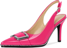 SAMMITOP Womens Slingback Stiletto High Heels Closed Pointed Toe Pumps Beaded Metal Buckle Sexy Office Dress Shoes 3.5 Inch